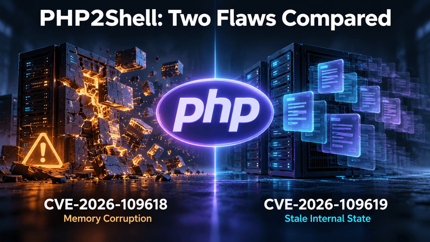 Side-by-side conceptual comparison of the two PHP2Shell flaws, CVE-2026-109618 and CVE-2026-109619