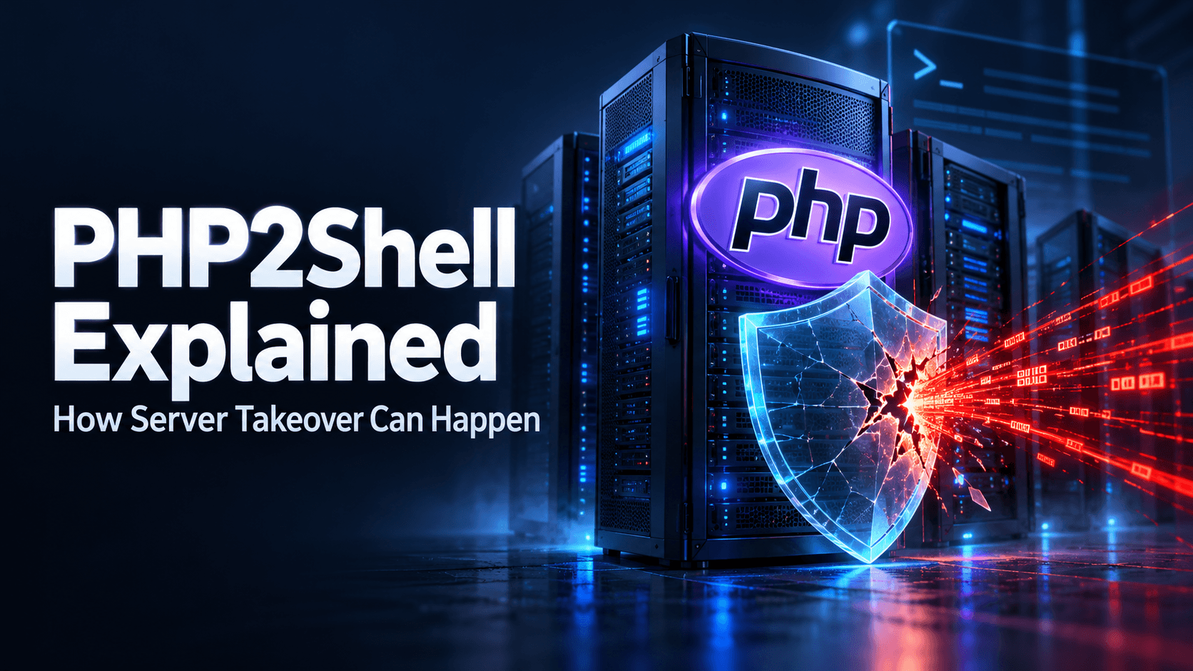 PHP web servers under threat, illustrating how PHP2Shell vulnerabilities can enable remote code execution