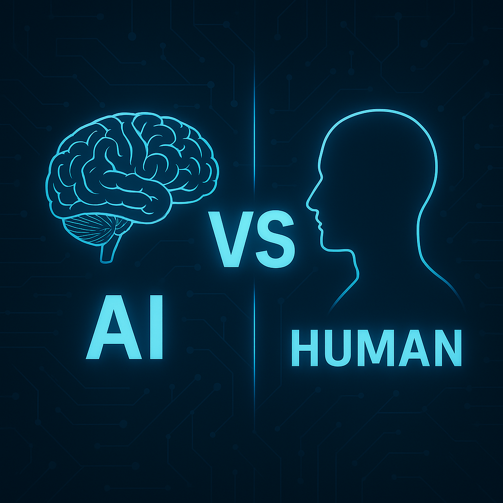Illustration showing AI vs human in cybersecurity decision-making and digital defense roles